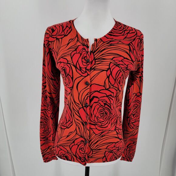 Harolds Cardigan Womens Small Silk Blend Floral Button Up Red Orange Black - Picture 3 of 12